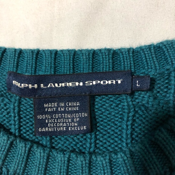 Ralph Lauren sport teal cable knit sweater pink pony womens L vintage preppy - Picture 3 of 9